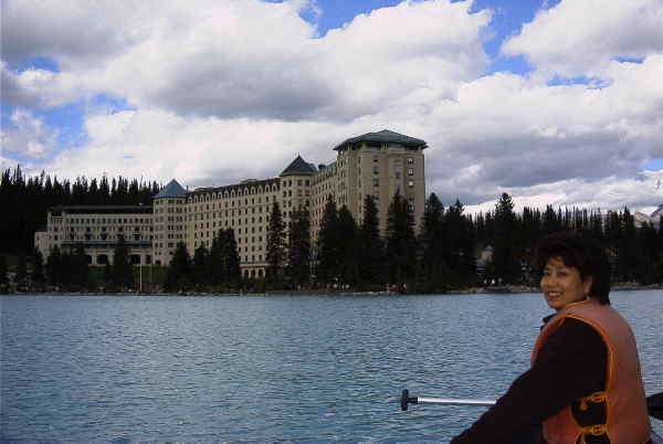 Chateau Lake Louise as seen from the rear of a canoe on the lake