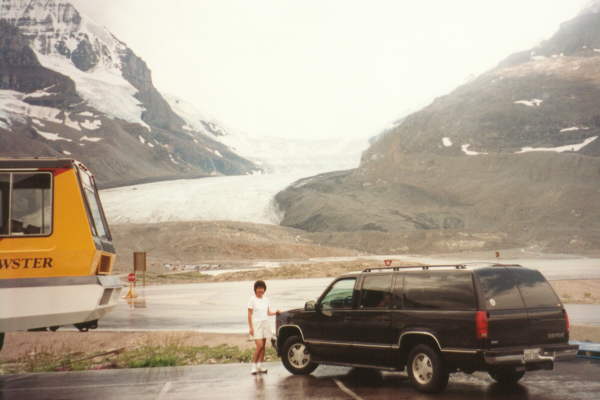 Angie in front of the Athabasca Glacier