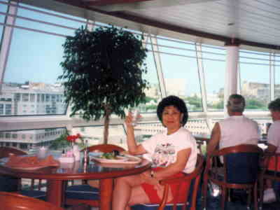 Angie enjoys breakfast in the Winjammer while taking the view of Nassau