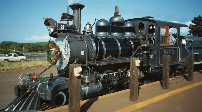 Myrtle, one of the oldest engines, pulls the cane train